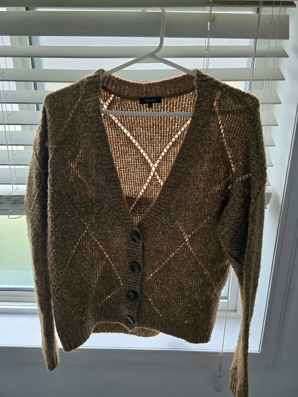 RW&CO. Brown Openwork Knit V-Neck Button Cardigan. XS